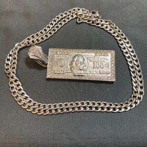 24 Inch Silver Tone Chain with 100 Benjamin Pendant Unisex
